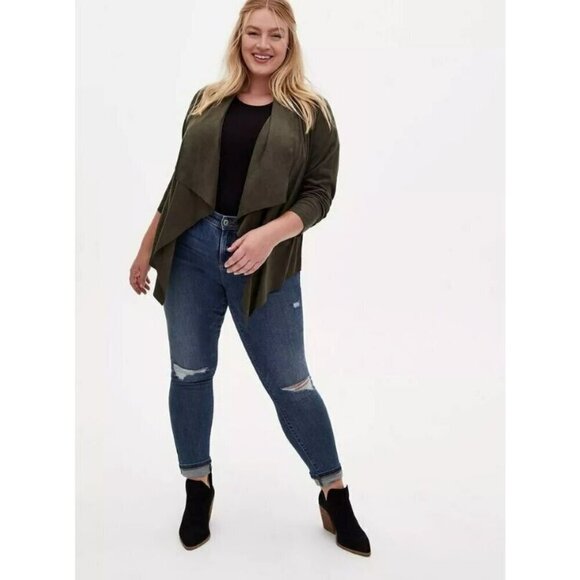 TORRID Faux Suede Drape Front Open Jacket Dark Olive Green - Size 3XL  NWT - Picture 1 of 8